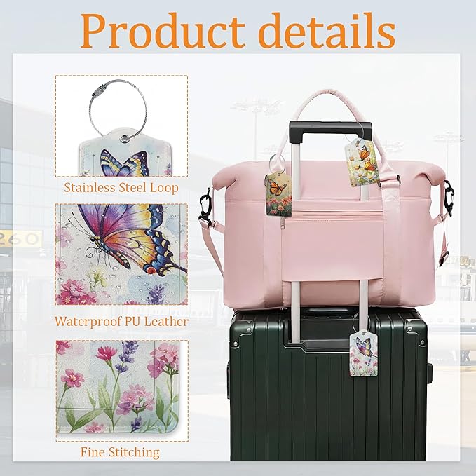 Butterfly Flower 3 Pack Luggage Tag for Suitcase, Leather Bag Tags with Privacy Cover ID Label and Durable Steel Loop for Cruise Airport Travel
