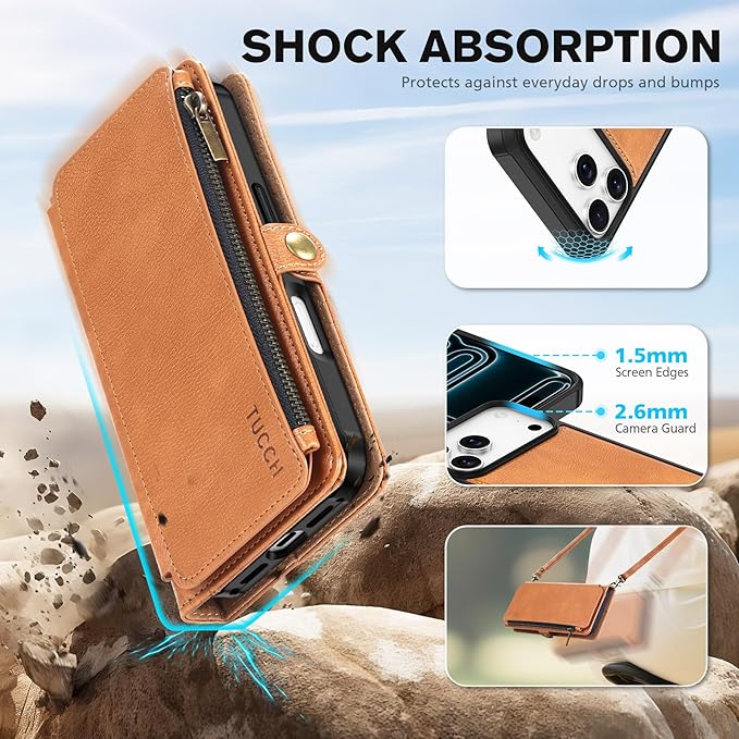 TUCCH Removable Crossbody Case Wallet for iPhone 17 Pro Max 6.9" 2025, Wireless Charging, RFID Blocking 10 Card Slots, Lanyard Wrist Strap, Zipper Pocket, PU Leather, Stand Magnetic Cover, Light Brown