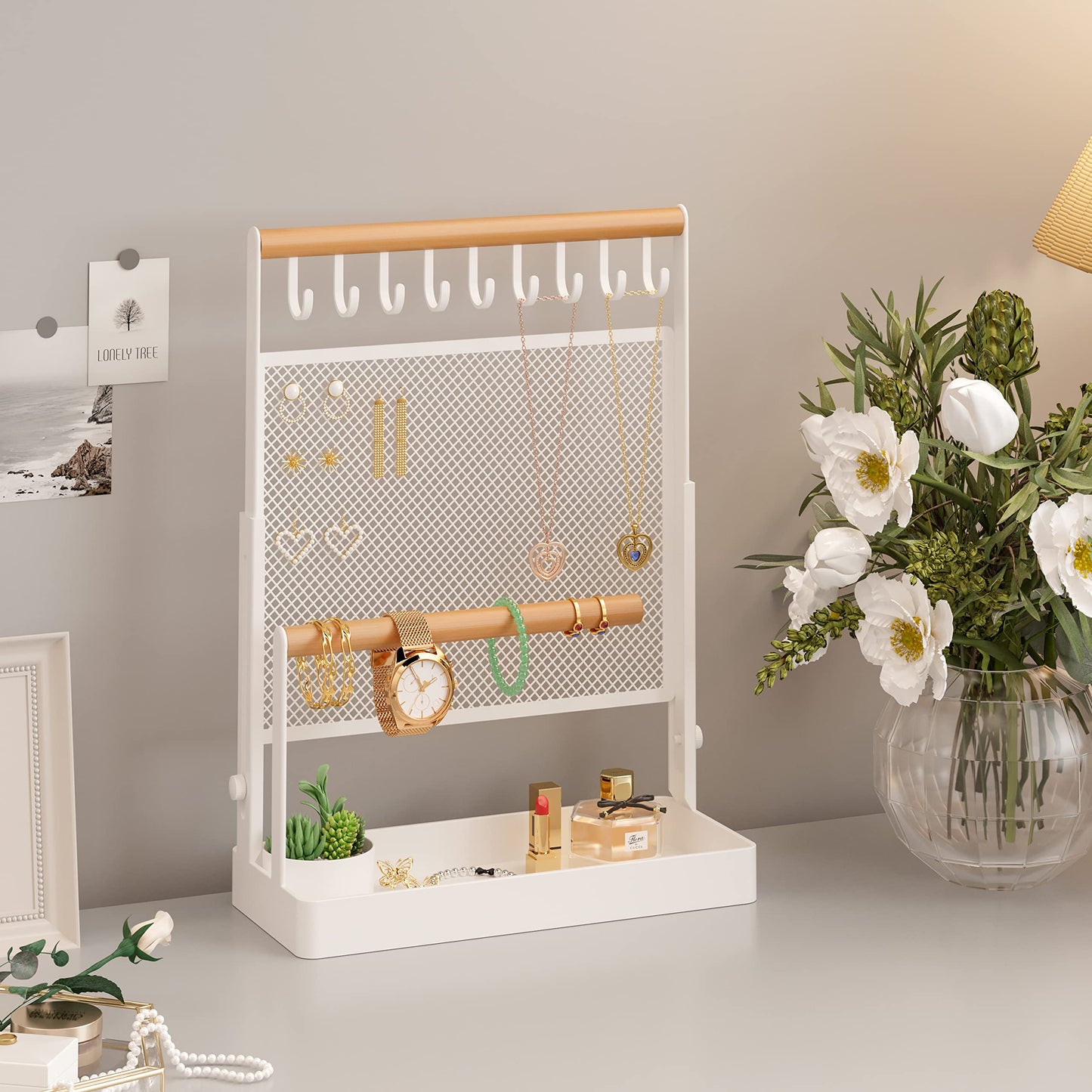 IOAIANIA Jewelry Organizer Stand, Liftable Necklace Holder with Earring Organizer Net, 9 Hooks Necklaces Storage Wooden Handing Bar for Bracelets Watches Rings (White)