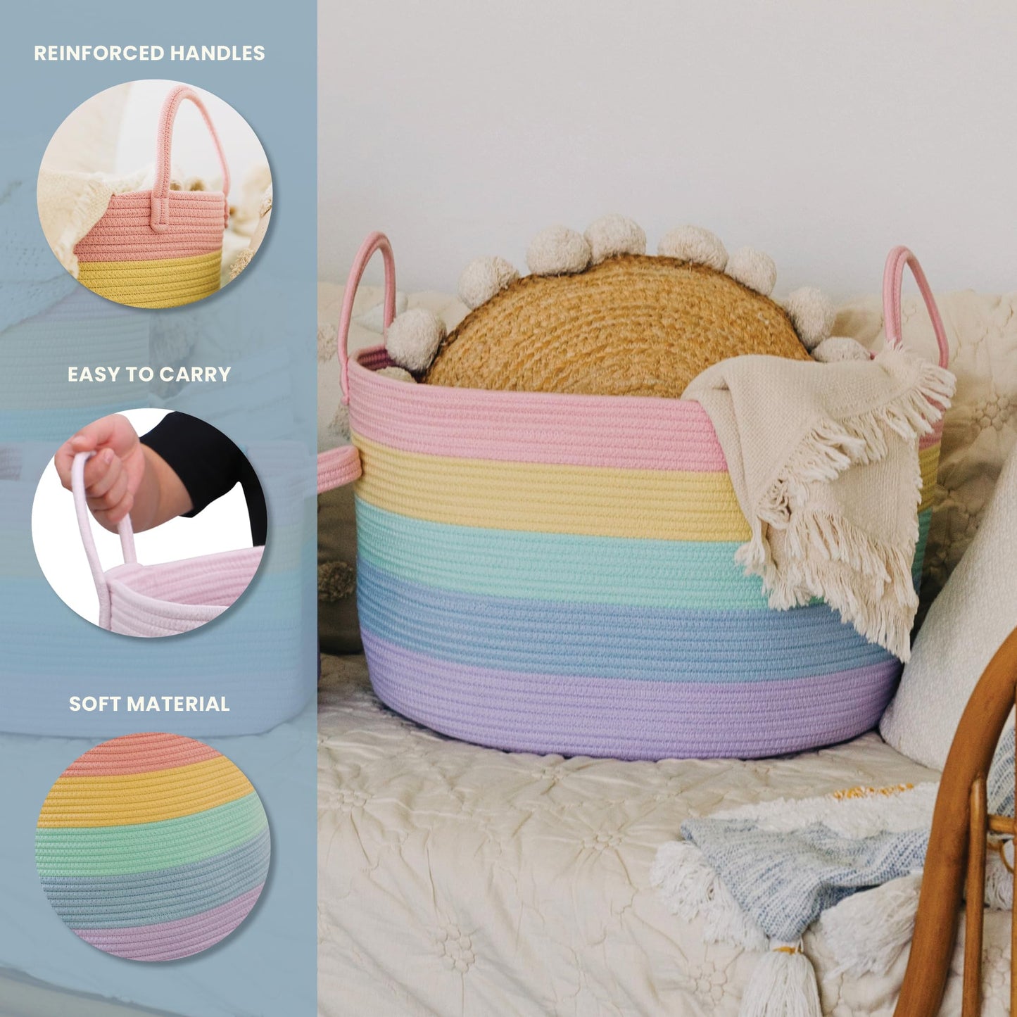 OrganiHaus Rainbow Toy Basket & Blanket Storage Bin, Nursery 20x13"