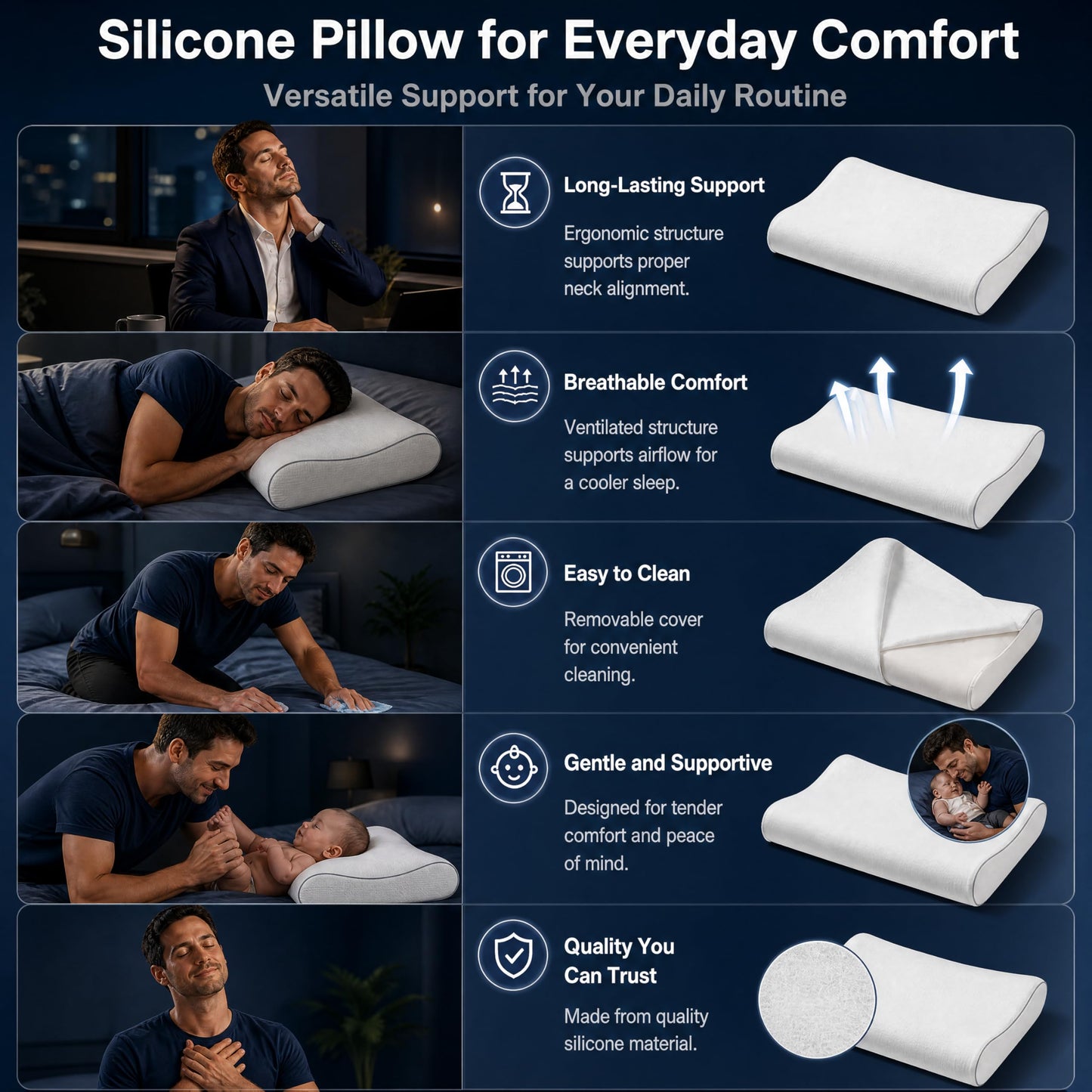 ASRIO Silicone Neck Support Pillow for Sleeping, Dual Height Cooling Ergonomic Contour Pillow, High Resilience Medium Firm Bed Pillow for Side and Back Sleepers, Washable, Standard Size