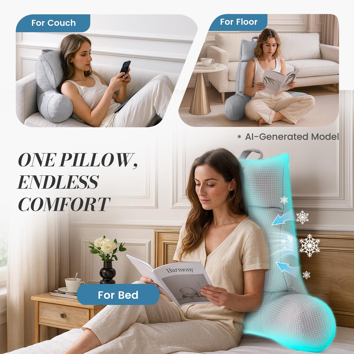 Amélie Home Cooling Reading Pillow with Arms for Adults, Breathable Waffle Fabric Bed Rest Pillow for Sitting Up, Ergonomic Back Support with Pockets for Gaming Relaxing, Cooling Gray, 29 Inches