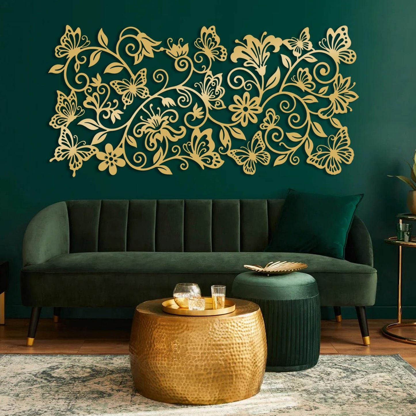Cobomv Butterfly Floral Metal Wall Art, Butterfly with Flowers Metal Wall Decor, Boho Wall Art, Butterflies Decoration, Nature Home Decor for Living Room, Outdoor, Garden (Silver, 19"x9"/47x23cm)