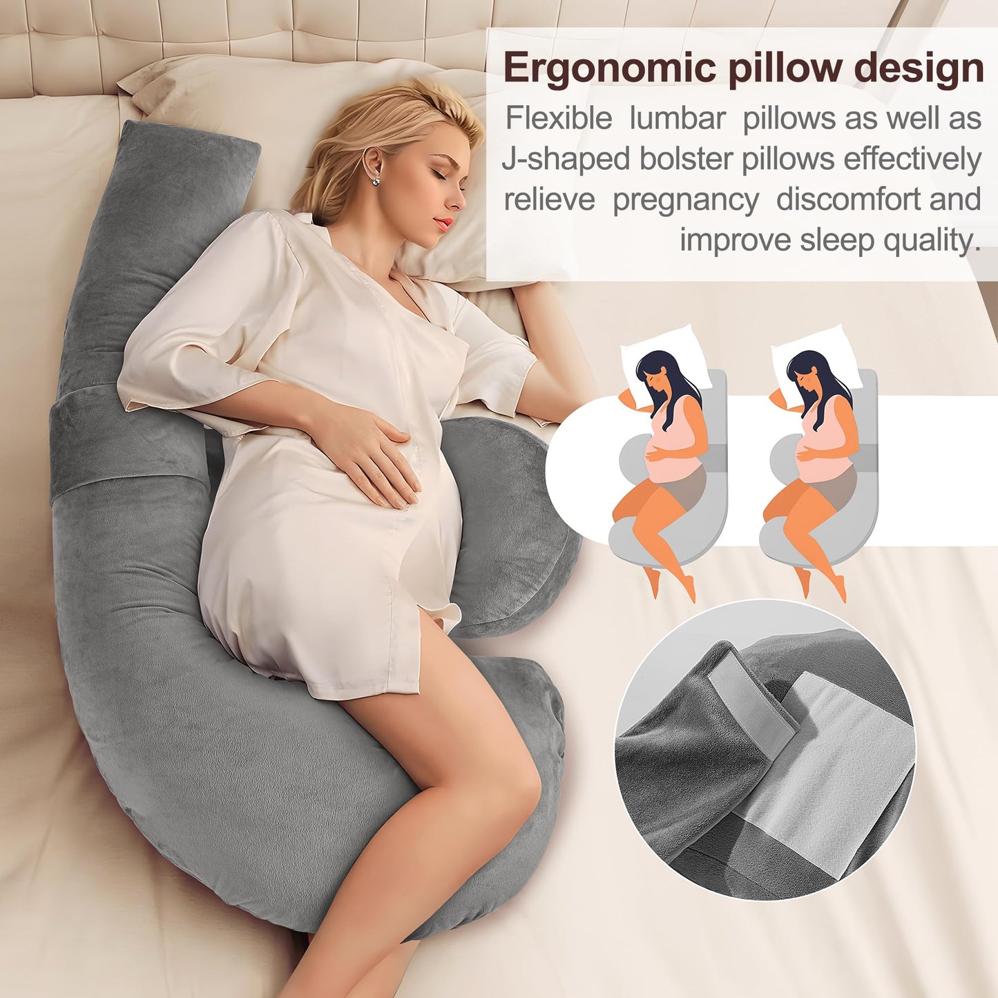ronofo 57 Inch J-Shaped Maternity Pillow for Pregnant Women, Full Body Pregnancy Pillow for Side Sleepers, Velvet Comfort with Removable Washable Cover, Ideal for Adults Sleeping Support