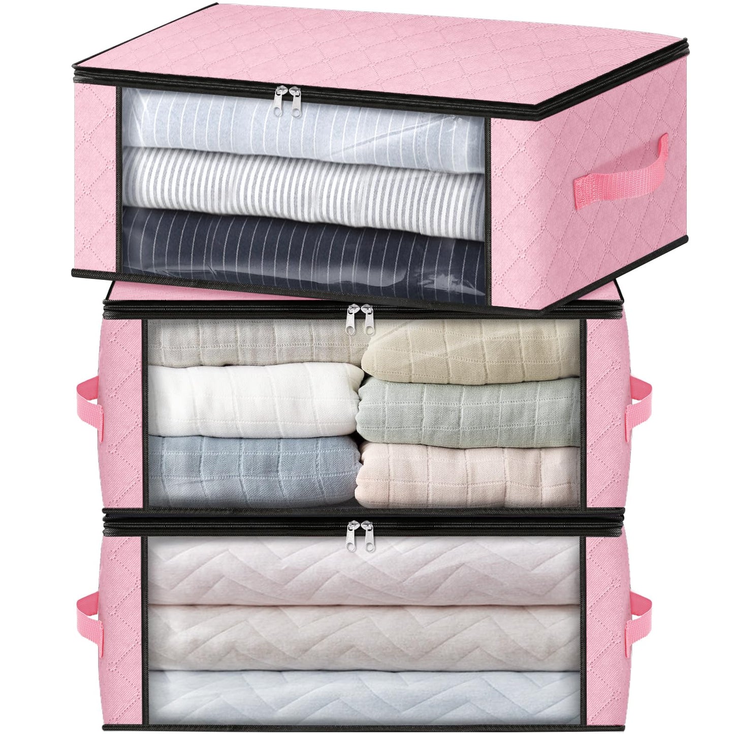 HomeHacks Storage 3-Pack Clothes Organizer Storage Bags Foldable Storage Box with Large Clear Window Sturdy Handles for Closet, Dorm, Pillows, Bedding, Clothes, Blankets, 35L, Pink