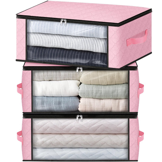 HomeHacks Storage 3-Pack Clothes Organizer Storage Bags Foldable Storage Box with Large Clear Window Sturdy Handles for Closet, Dorm, Pillows, Bedding, Clothes, Blankets, 35L, Pink