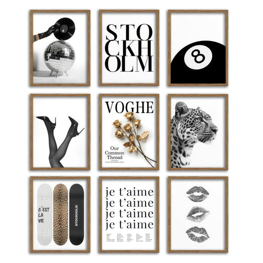 Stockholm Style 9 Pcs Fashion Gallery Wall Art Set, Black and White Luxury Aesthetic Posters for Women, Modern Editorial Leopard Typography Wall Decor for Bedroom Apartment Dorm 10x8 Inch Unframed