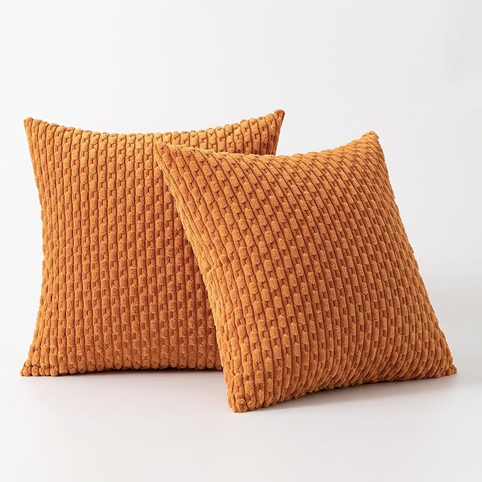 Kevin Textile Fall Throw Pillow Covers Soft Corduroy Decorative Set of 2 Boho Striped Pillow Covers Pillowcases Farmhouse Home Decor for Couch Bed Sofa Living Room 24x24 Inch Orange Yellow
