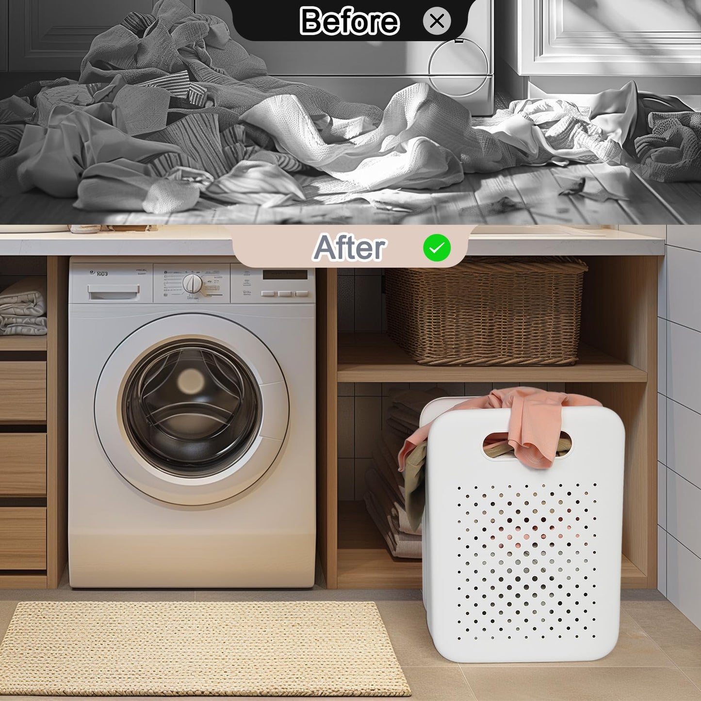 Goderewild Large Collapsible Laundry Basket with Detachable Hanging Organizer, Space-Saving Wall-Mounted Hamper for Home, Dorms, RVs, Main Basket Measures 13" x 9.5" x 17.5" In