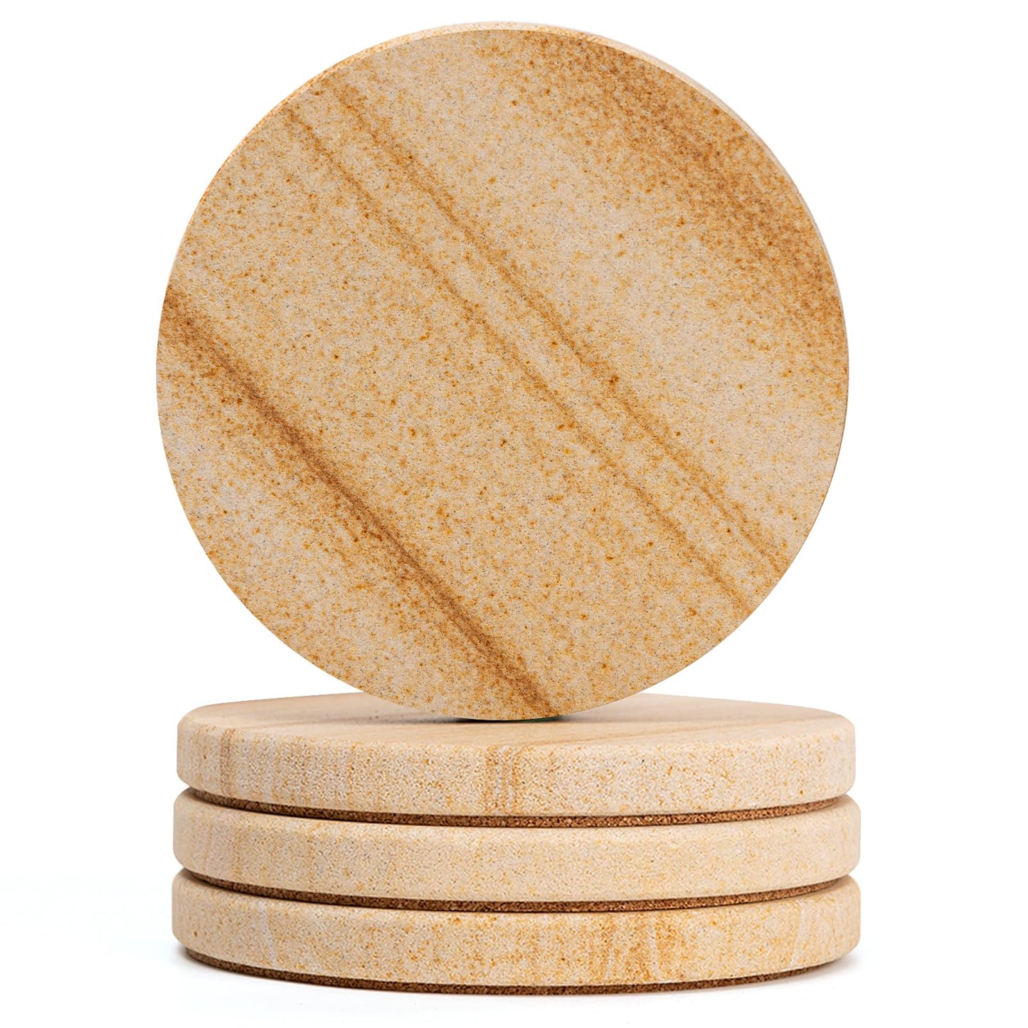 Natural Sandstone Coasters Set of 4, 4" Round Matte Absorbent Stone Coasters with Cork Bottom - No Water Rings, Heat Resistant, Non-Slip, Scratch-Resistant - Ideal for Coffee Table, Gift Ready