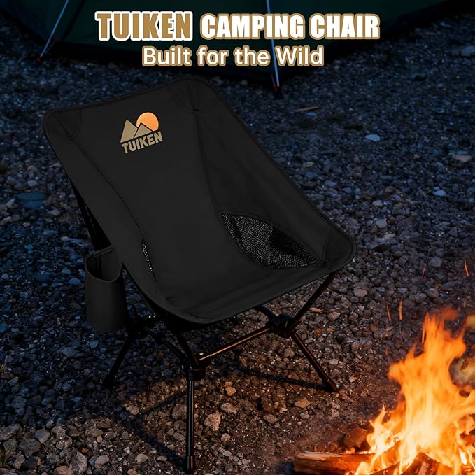 TUIKEN Ultralight Camping Chair Backpacking Chair, Portable Camp Chair with Cup Holder & Storage Bag, Lightweight Compact Folding Chair for Hiking, Travel, Picnic Mountaineering (Black)