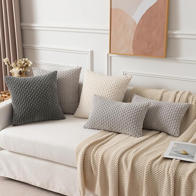 Kevin Textile Set of 2 Soft Striped Velvet Decorative Pillows Covers 16x16 Inch Boho Cushion Covers for Couch 40x40cm Dark Grey