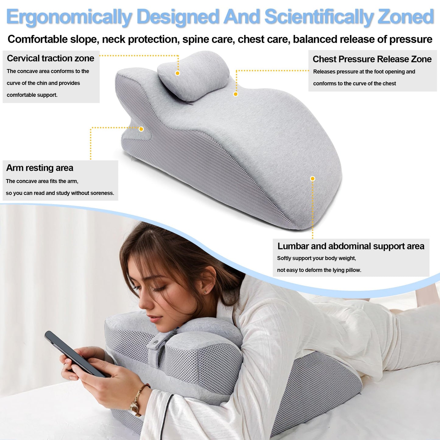 Generic Adult Ergonomic Memory Foam Bed Triangle Wedge Pillow Headboard for Sitting up Back Neck Pain Relief with Face Down Massage Prone Pillow Function for Reading, with Washable Cover (Grey)