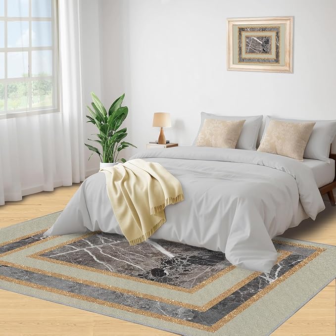 Light Luxury Marble Area Rugs Gilded Stripe Geometry Area Carpet Abstract Marble Texture Rug Stone Crack Carpet for Living Room Study Bedroom 4x5ft