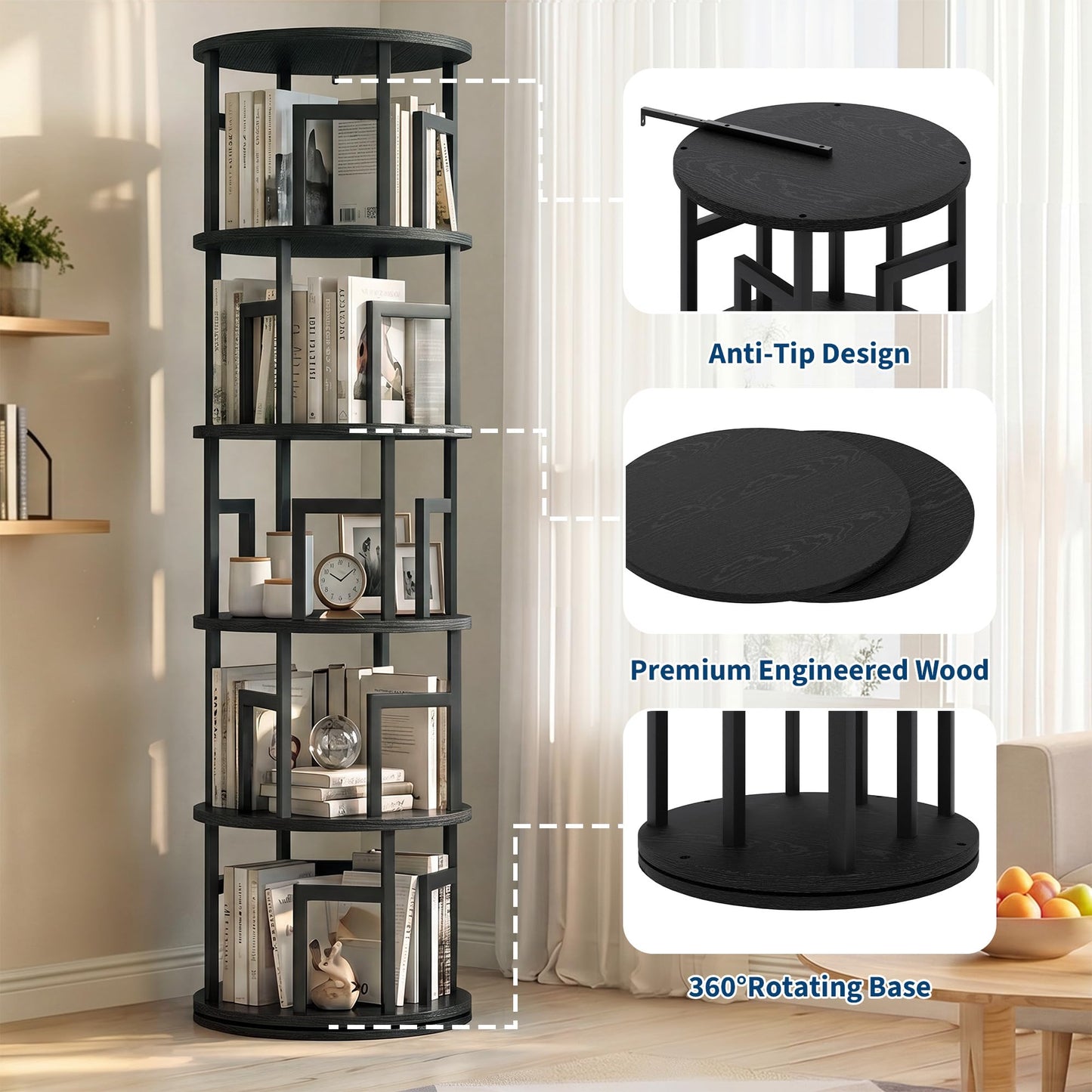 Garvee 5-Tier Rotating Bookshelf Tower – Spinning Corner Shelf, Black