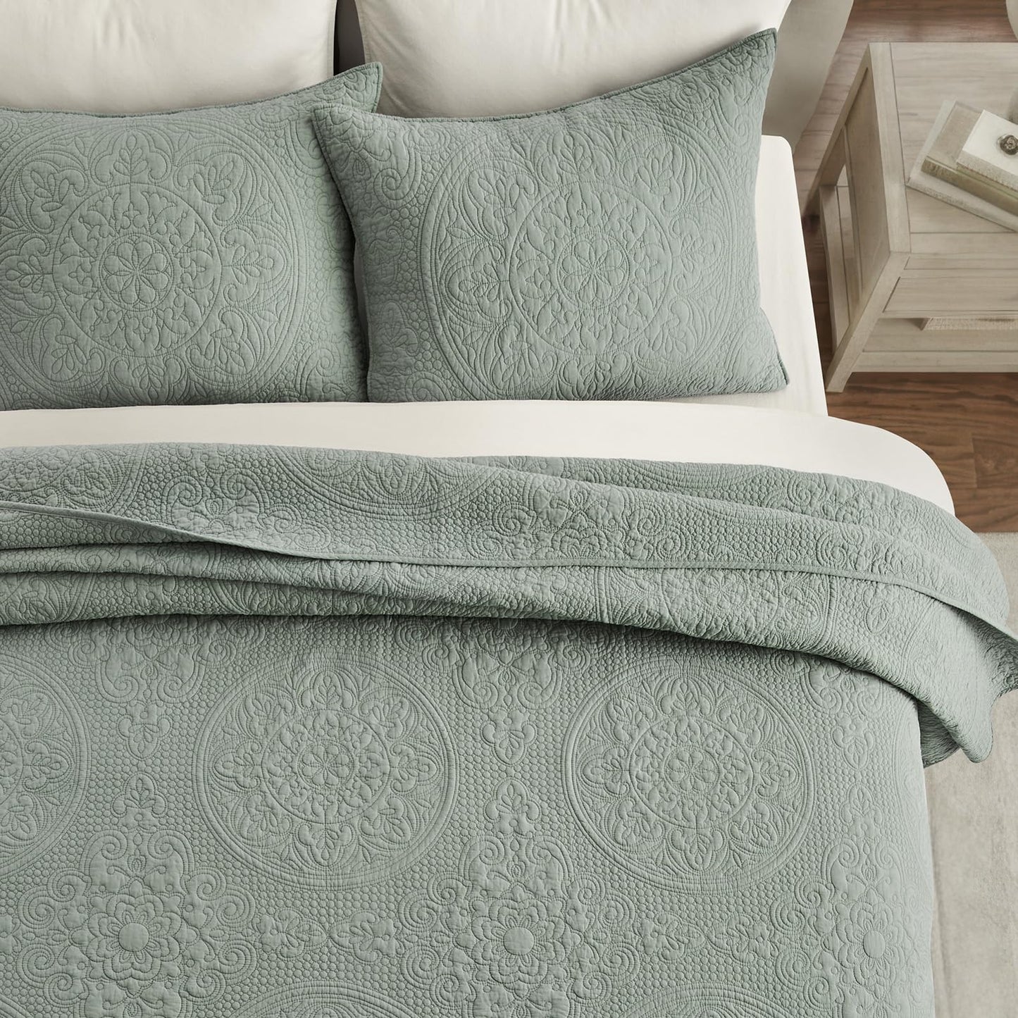 EverGrace Medallion Stitch Cotton Quilt Set King Size, 3-Piece 100% Cotton Quilted Bedspread Coverlet Bedding Set with Pillow Shams, Oversized Lightweight Soft & Breathable All-Season, Soft Sea