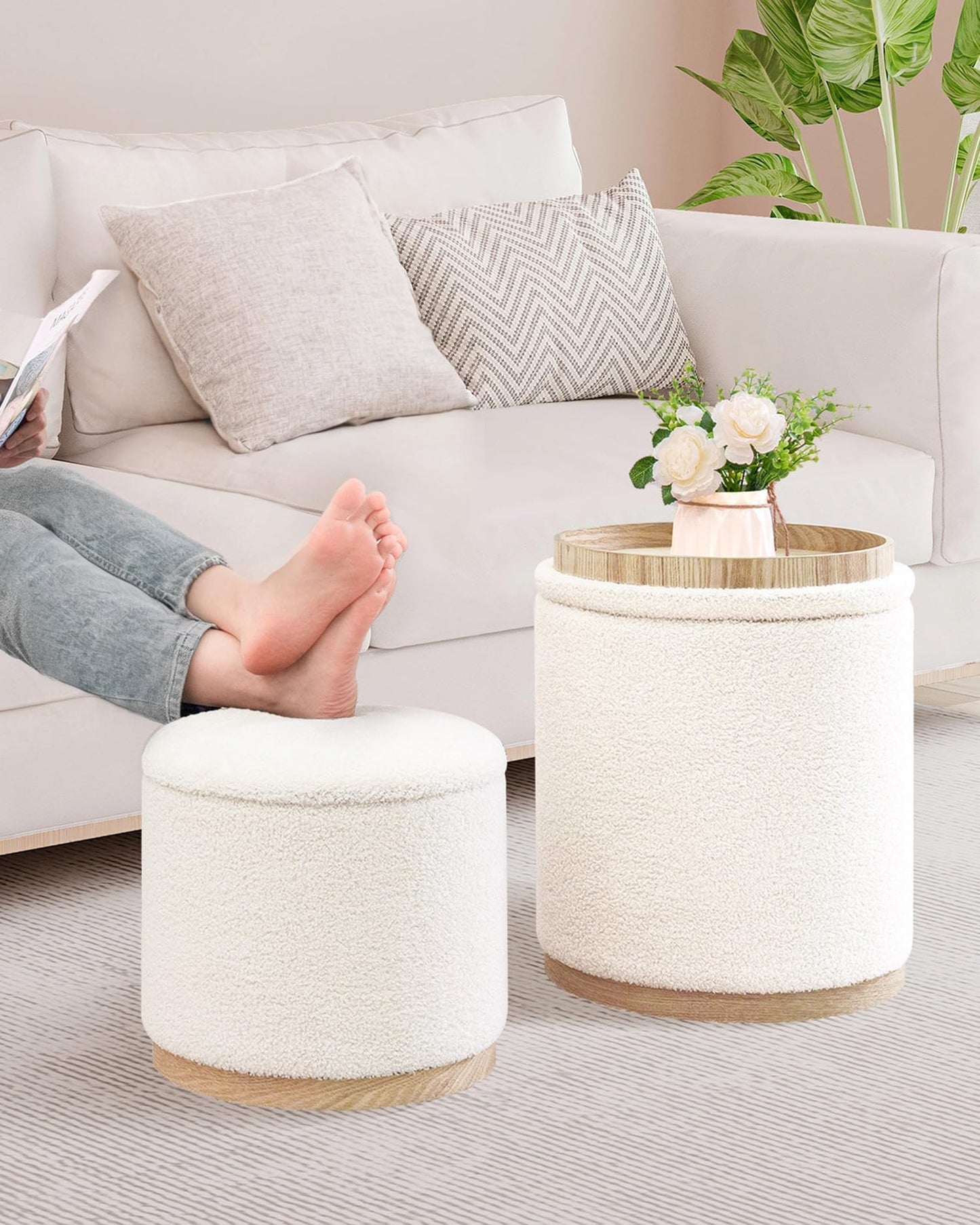 B FSOBEIIALEO Storage Ottoman Round Boucle Ottomans with Tray, Set of 2 Teddy Foot Rest Ottoman Cube with Storage for Living Room, Cream White 15"x15"x16.9"