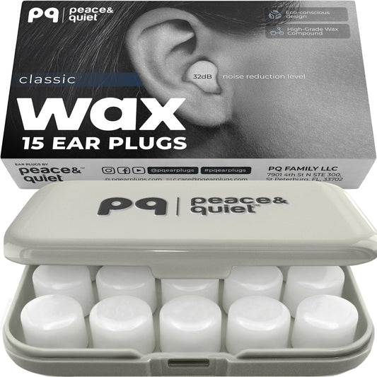 Peace&Quiet PQ Wax Ear Plugs for Sleeping, Swimming - 15 Soft Noise Cancelling Silicone Gel Wax Earplugs for Sleep and Swimmers, Ear Protection with Sound Blocking Level of 32 Db, (15-Pillows)