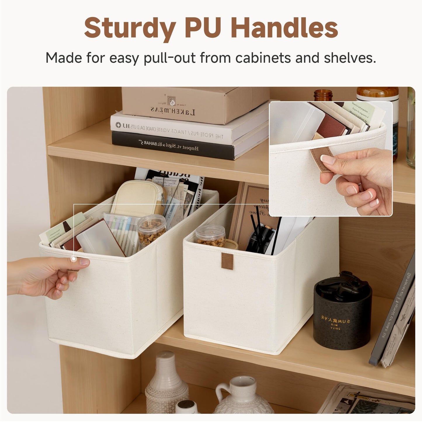 StorageWorks Small Storage Bins, Fabric Storage Bins, Narrow Baskets for Shelves with PU Handle, Perfect for Clothes, Towels, and Light Blankets, Beige, 4-Pack