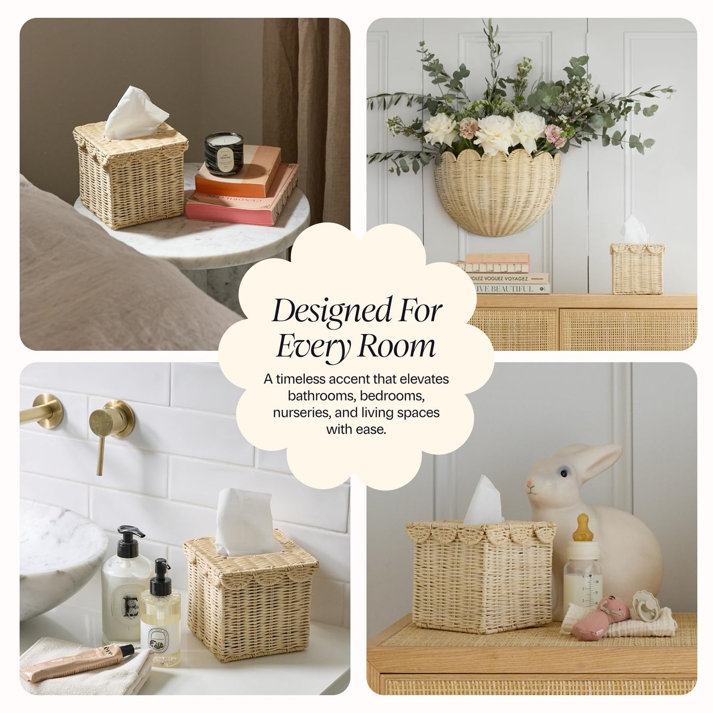 BEBE BASK Handwoven Scalloped Square Tissue Box Cover (4.5 × 4.5 × 5.3 in) – Rattan Tissue Box Cover Square – Elegant Home Accent - Natural