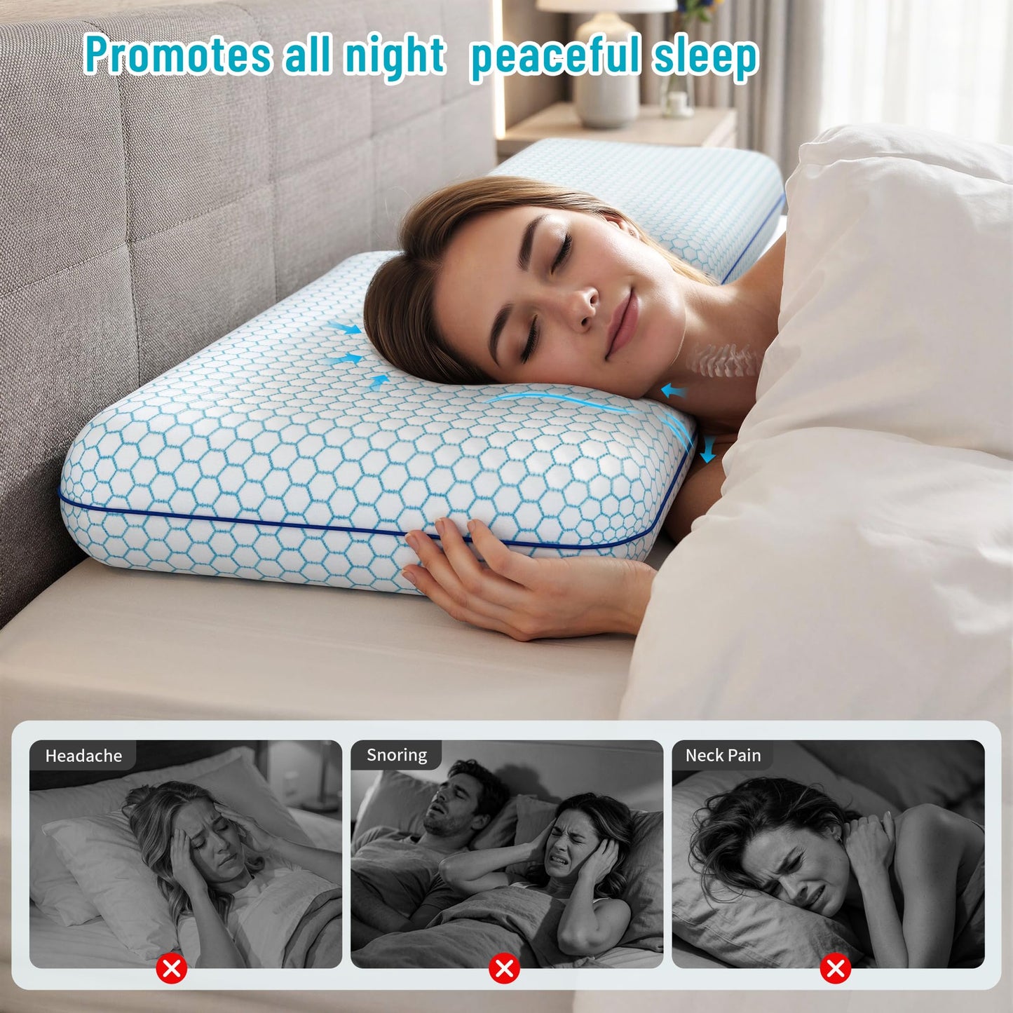 CushyOasis Memory Foam Pillows for Side, Back and Stomach Sleepers, Set of 2, Bed Pillow with Washable Cover and Breathable Mesh, Bed Pillow for Sleeping (Blue，Standard Size)