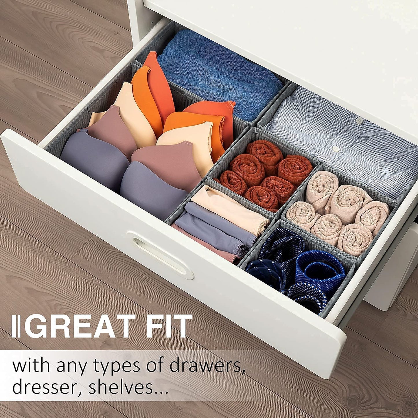Criusia Drawer Organizer Clothes, 8 Pack Underwear Organizer, Foldable Closet Organizers and Storage Dresser Dividers for Clothes, Socks, Scarves, Ties (Gray)