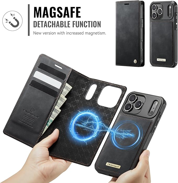 PlusnapX Wallet Case for iPhone 17 Pro Max Compatible with Magsafe, 2-in-1 PU Leather Flip RFID Blocking Card Holder Stand Shockproof Magnetic Detachable Cover for iPhone 17 Pro Max Case 6.9", Black