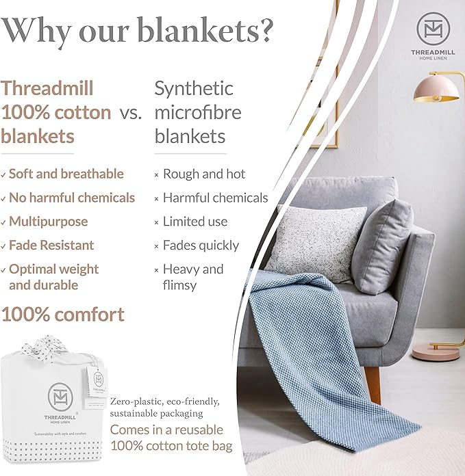 Threadmill Luxury Cotton Blankets for King Size Bed | All-Season Cozy 100% Cotton King Size Blanket | Herringbone Soft Fall Thermal Blanket fits California King Size Bed | Light Grey