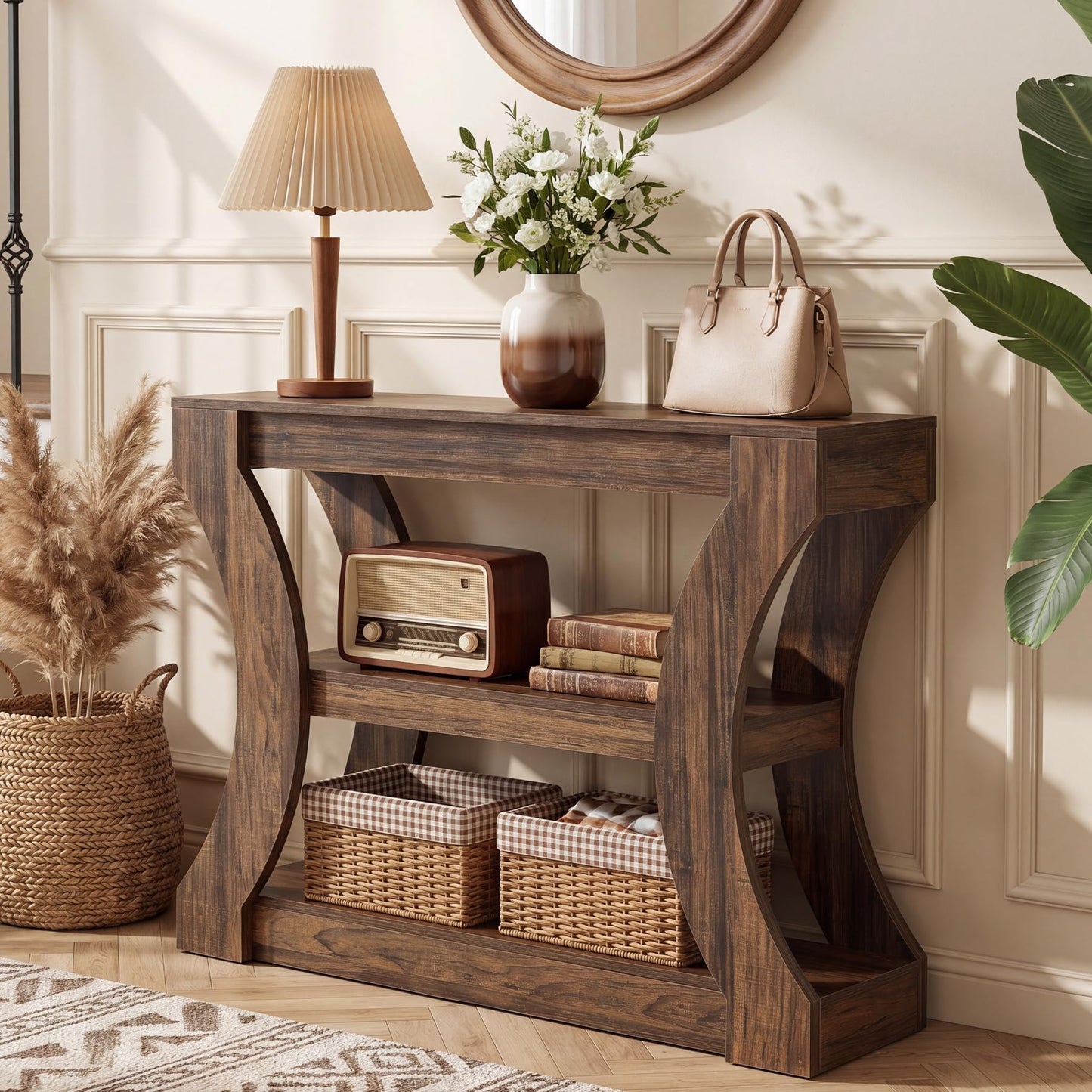 Console Table with Storage Shelves, 41.3" Wood Grain Narrow Entryway Table