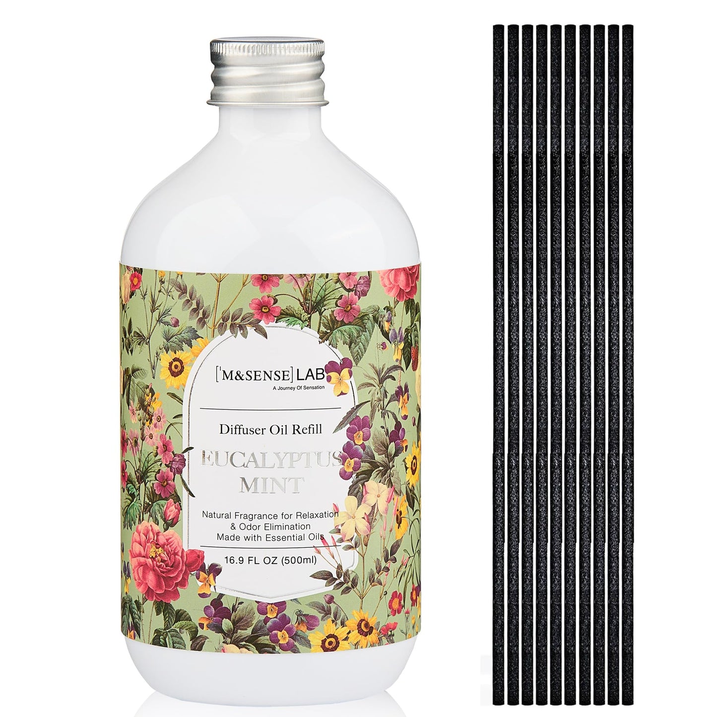 M&SENSE Reed Diffuser Oil Refill, 16.9oz (500ml) Eucalyptus & Mint Scent Home Fragrance with 10 Hollow Reed Sticks, Scented Oil Refills, Natural Essential Oils for Diffusers, Décor for Home Spa Office