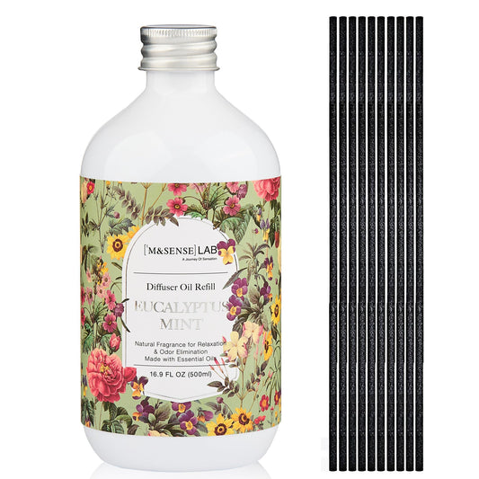 M&SENSE Reed Diffuser Oil Refill, 16.9oz (500ml) Eucalyptus & Mint Scent Home Fragrance with 10 Hollow Reed Sticks, Scented Oil Refills, Natural Essential Oils for Diffusers, Décor for Home Spa Office