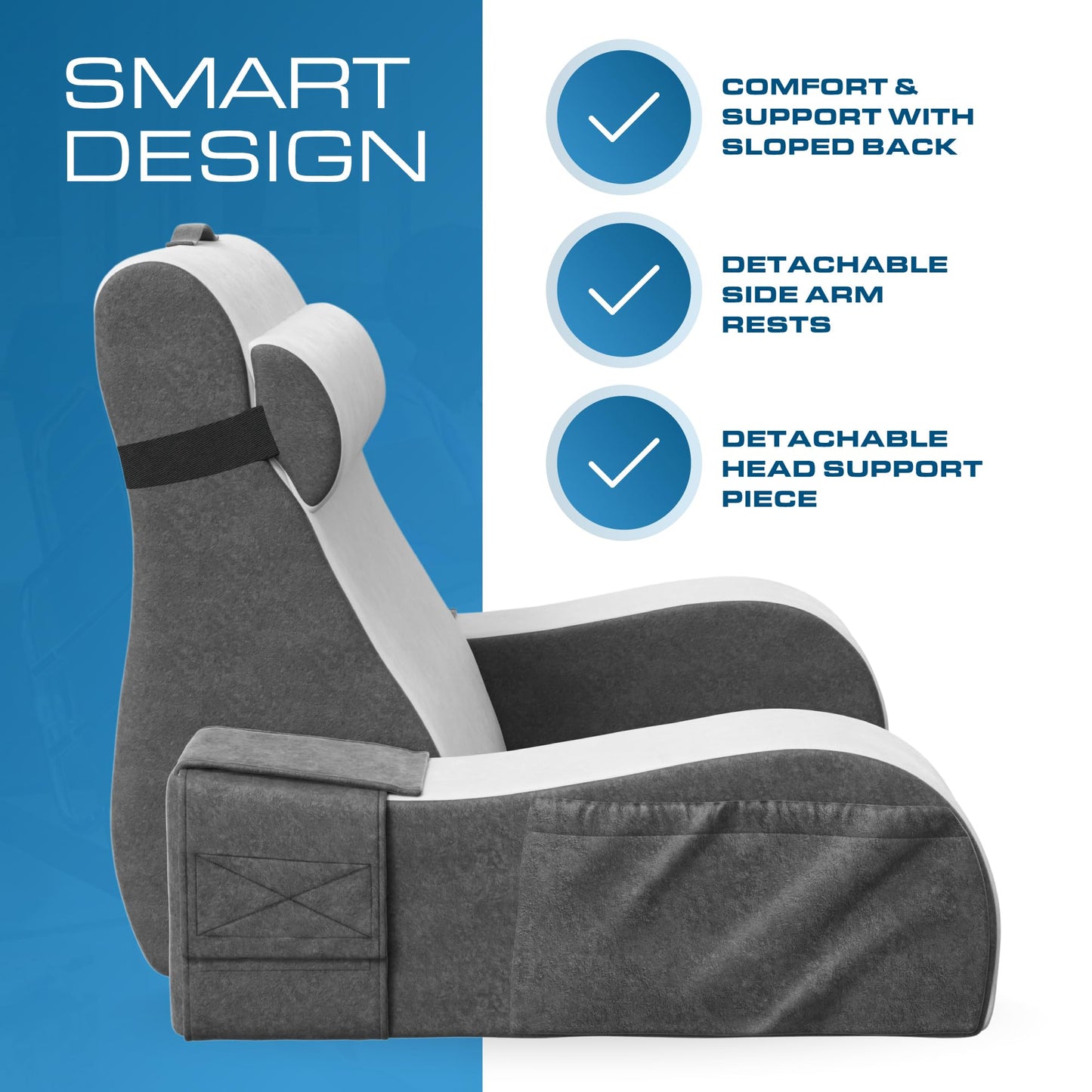 Kölbs Wedge Reading Cushion, Back Pillow for Bed Sitting Up, Cushion with Arms for TV Book Gaming Dorm Rooms, Backrest (Grey/White, Standard)