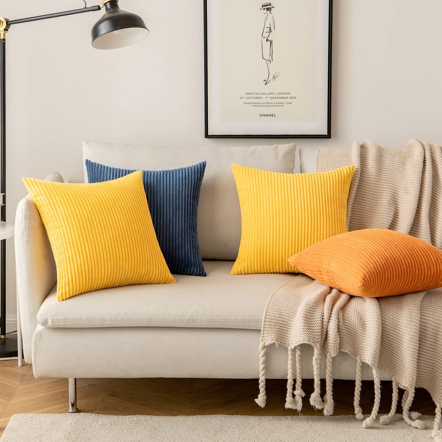 MIULEE Decorative Corduroy Pillow Covers Soft Solid Pack of 2 Cushion Cases Boho Square Throw Pillow Covers Golden Yellow Pillowcases for Couch Chair Sofa Bed Living Room Home Decor 18 x 18 Inch