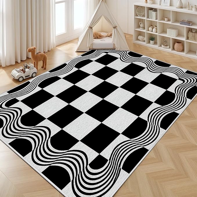 Checkered Area Rug, Checkerboard Rug, Geometric Plaid Washable Rugs, Modern Checkered Area Rugs, Wavy Line Carpet Non Slip for Bedroom Retro Home Decor Mat 5x6