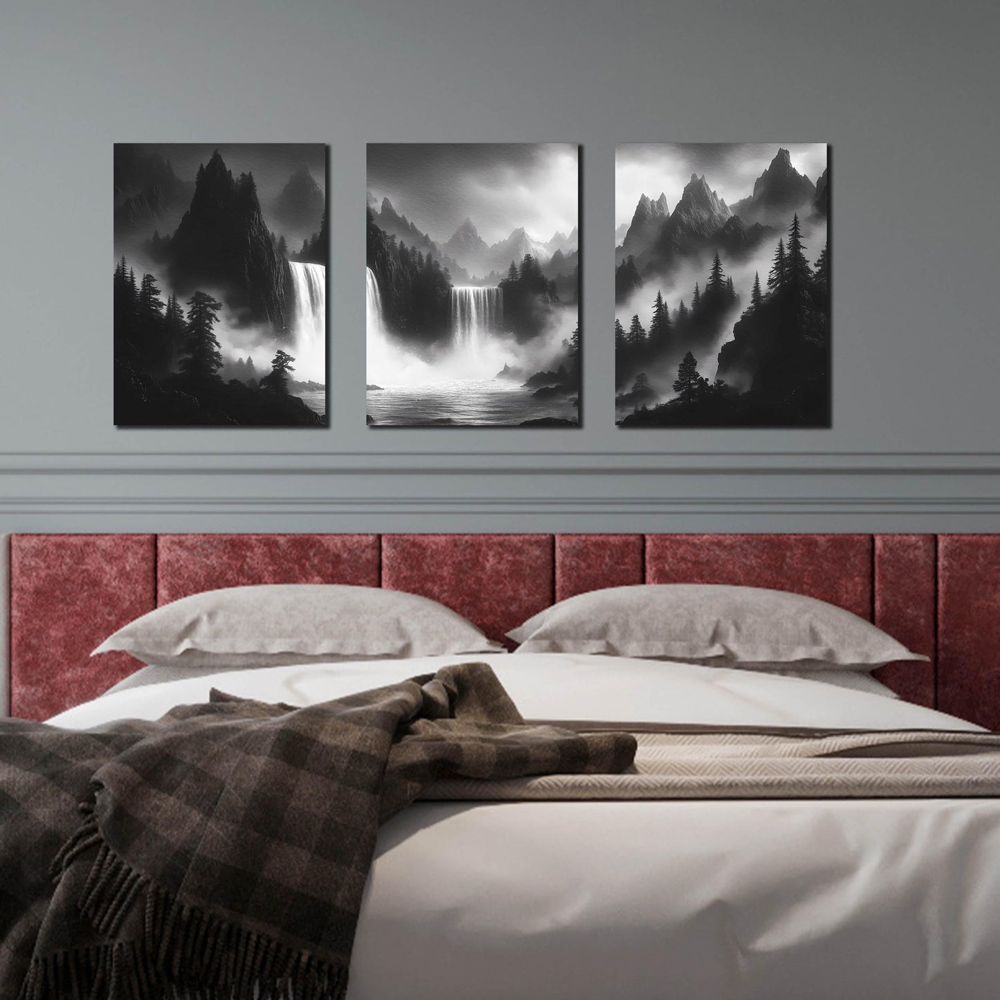 CIRABKY Foggy Forest Wall Art for Living Room - Mountains Canvas Wall Art for Office - Black and White 3 Piece Wall Decor Size 12" x 16"
