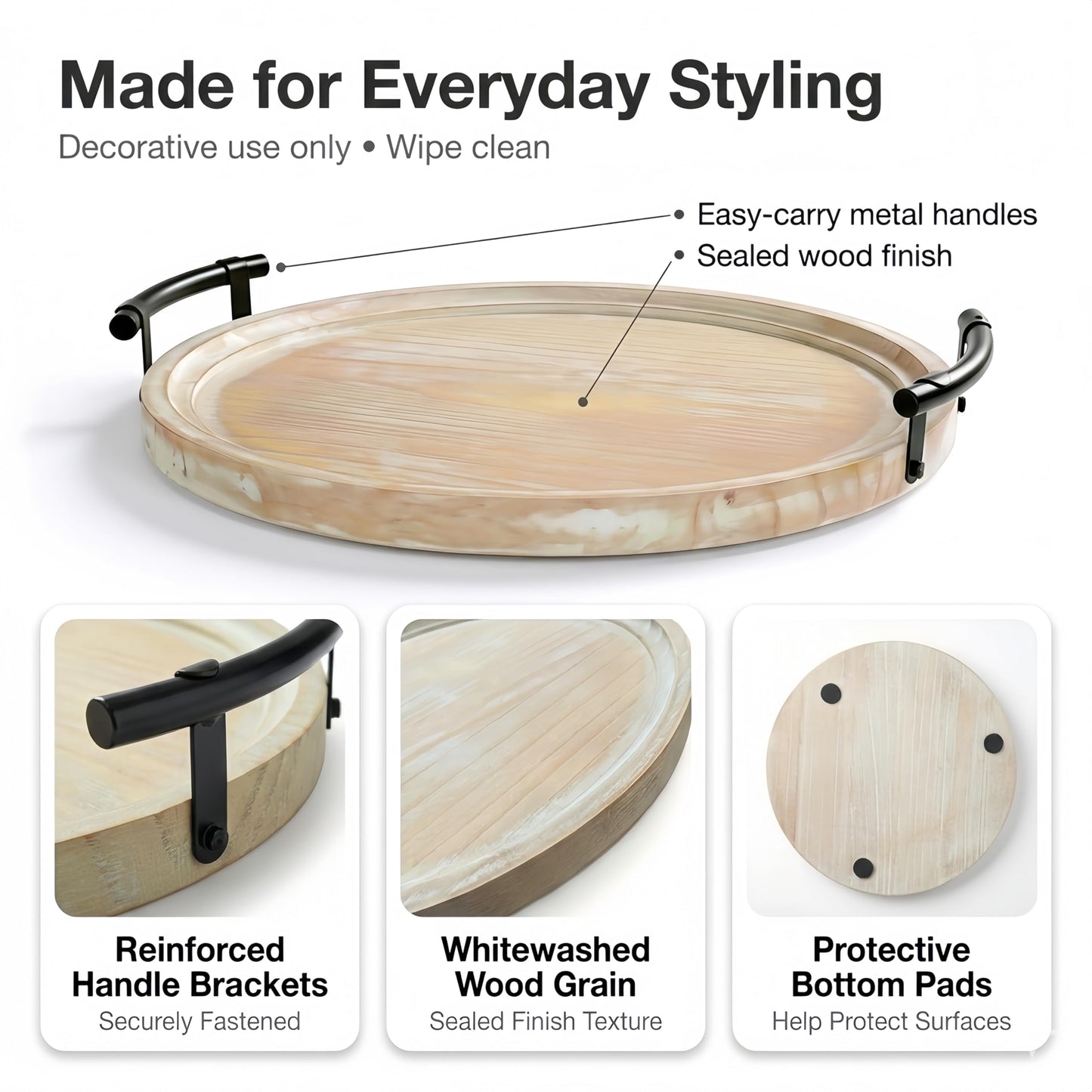 Relaxing Garden 13" Round Decorative Wood Tray with Handles