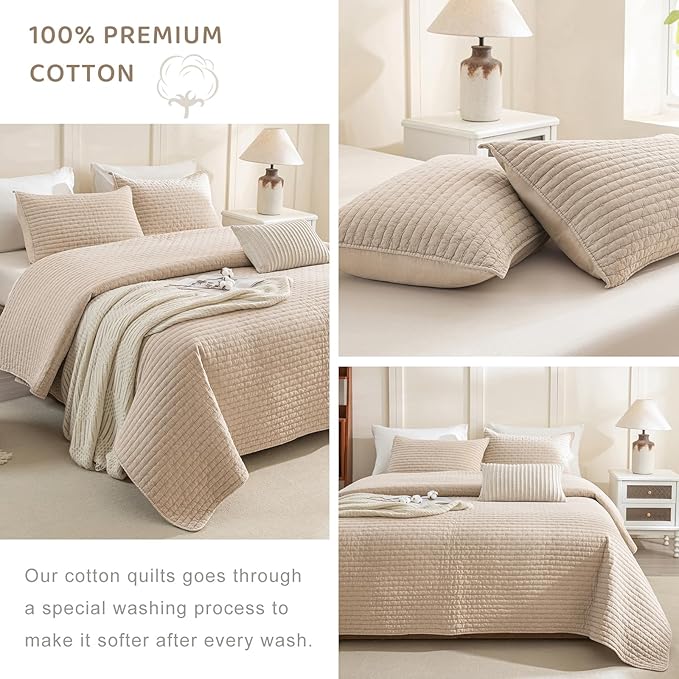 Sanracie Oversized King Bedspread (128"x120"), 100% Cotton Cross Stitch Pattern California King Coverlet Quilt Set 3Pcs Warm Taupe Colored Lightweight Extra Large King Bed Quilt for All Season