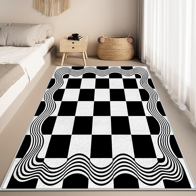 Checkered Rug 5x7, Checkerboard Rug, Geometric Plaid Washable Rugs, Modern Checkered Area Rugs, Wavy Line Carpet Non Slip for Bedroom Retro Home Decor Mat