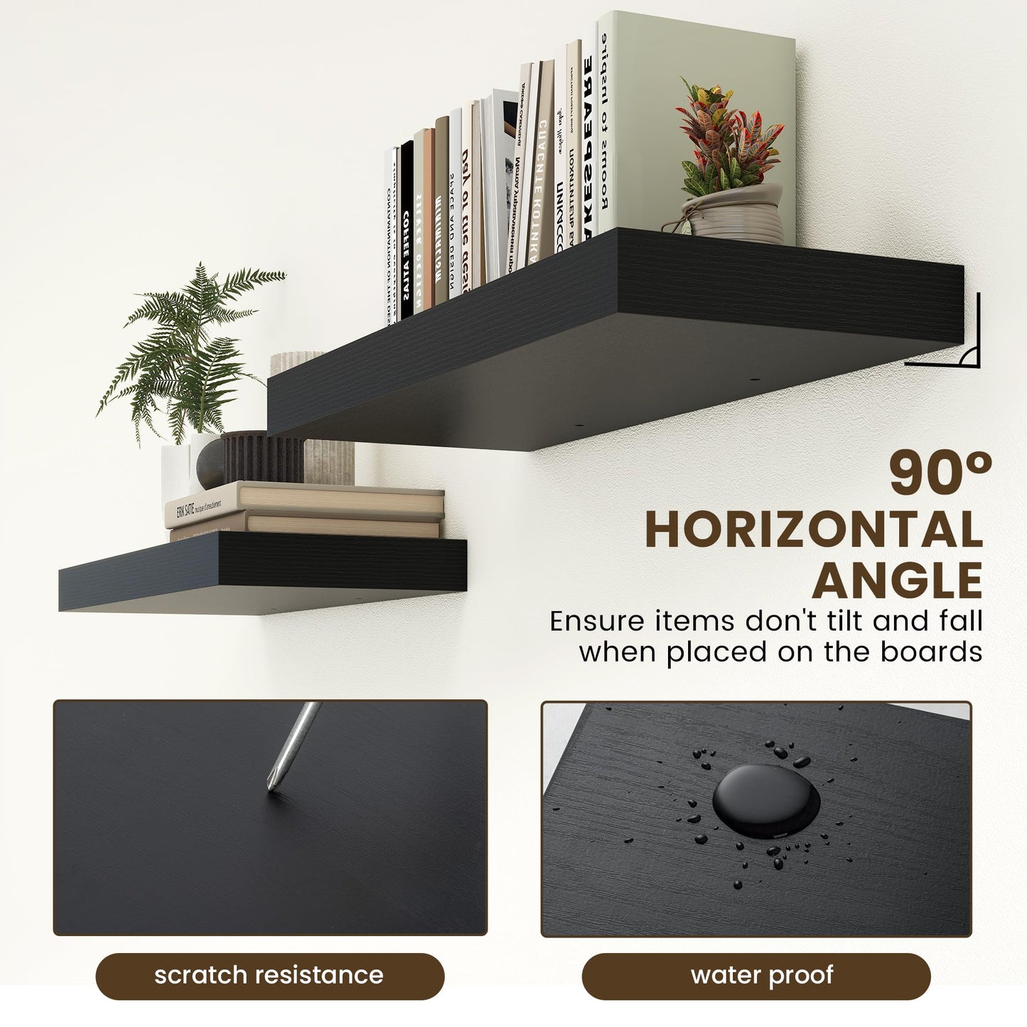 FLYJOE 30 Inch Floating Shelves | 12 Inch Deep Black Floating Shelves Set of 2 | 30" W x 12" D Rustic Wood Shelves for Wall | Deep Black Shelves for Living Room Bathroom Laundry Room Kitchen