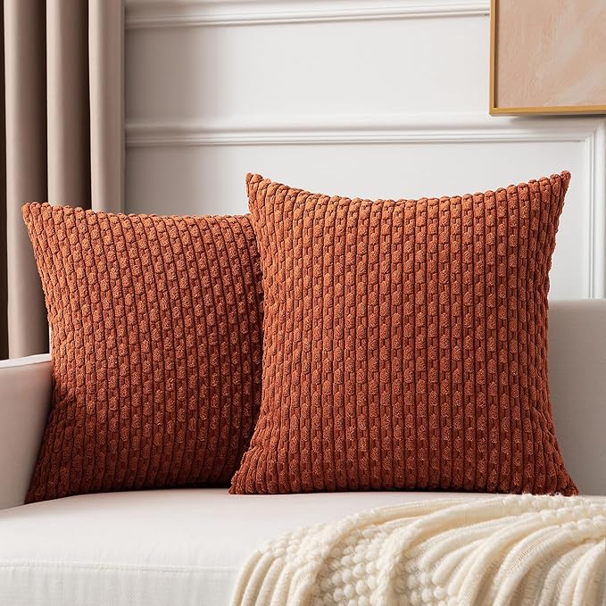 Kevin Textile Fall Pack of 2 Corduroy Decorative Throw Pillow Covers 16x16 Inch Soft Boho Striped Pillow Covers Modern Farmhouse Home Decor for Sofa Living Room Couch Bed Rust