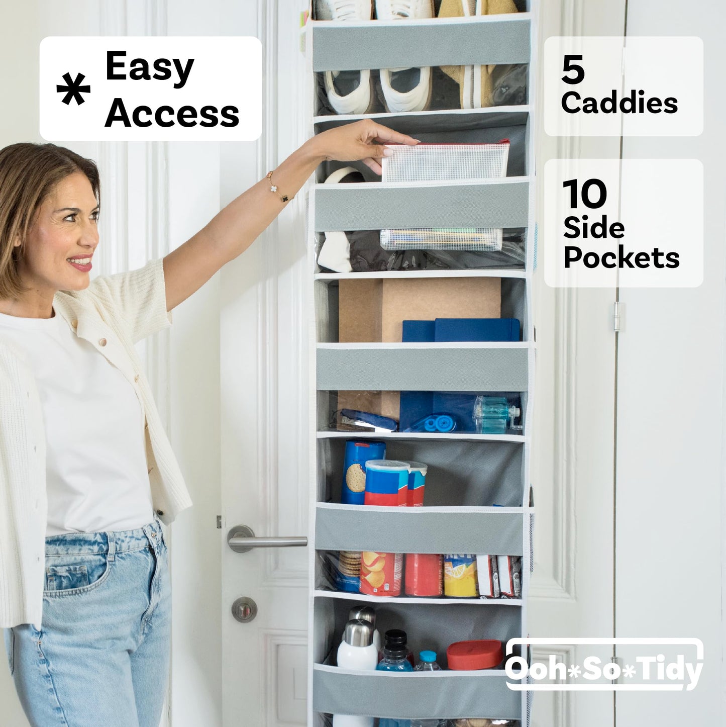 OOH SO Tidy Over Door Organizer - 5-Tier Hanging Organizer with 5 Large Pockets & 10 Mesh Pockets - Ideal for Craft Room, Nursery, Kids Room, Dorm Storage & Shoe Organization (Grey, 15 x 55.5 x 6.5”)