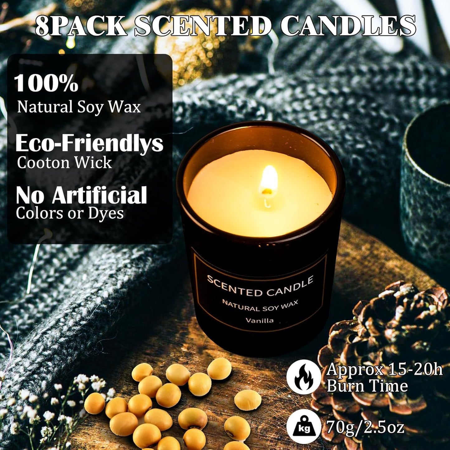Scented Candles Gifts for Women Men, 8 Pack 3 Oz Scented Candles for Home, Natural Soy Wax Strong Fragrance Long Lasting Aromatherapy Candles for Women Men, Gifts for Birthday