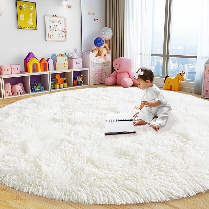 Round Fluffy Rugs 8Ft for Girls Bedroom, Cream White Shag Circle Kids Rug Non-Slip for Bedside Dorm Nursery Playroom, Soft Cute Area Rugs for Living Room Decor