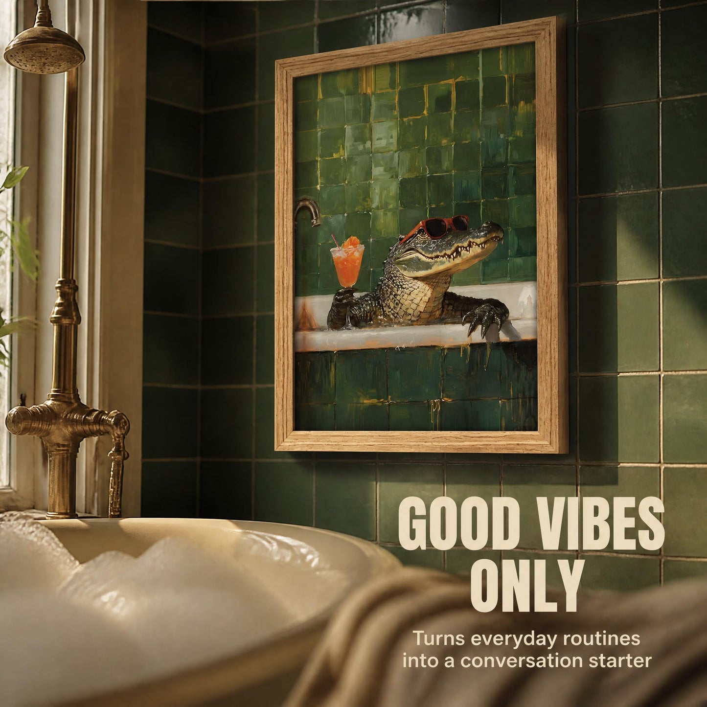 Funny Crocodile Bathroom Wall Art Framed Chillin Crocodile with Cocktail Wall Decor Funny bathtub Animal Painting Picture Cool Alligator Bath Time Prints Artwork for Bathroom Bar Home Decor