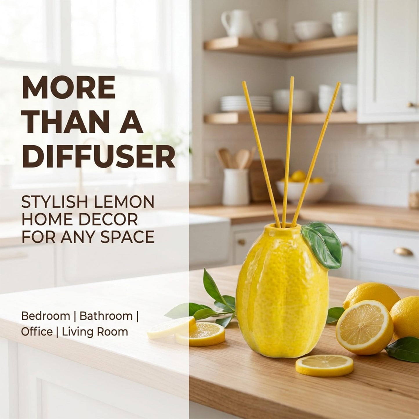 GroseMell Lemon Scented Reed Diffuser Set – 6.76 fl oz (200ml) with Sticks, Creative Lemon-Shaped Ceramic Design for Home, Bedroom & Bathroom Decor, Long Lasting Aromatherapy Gift