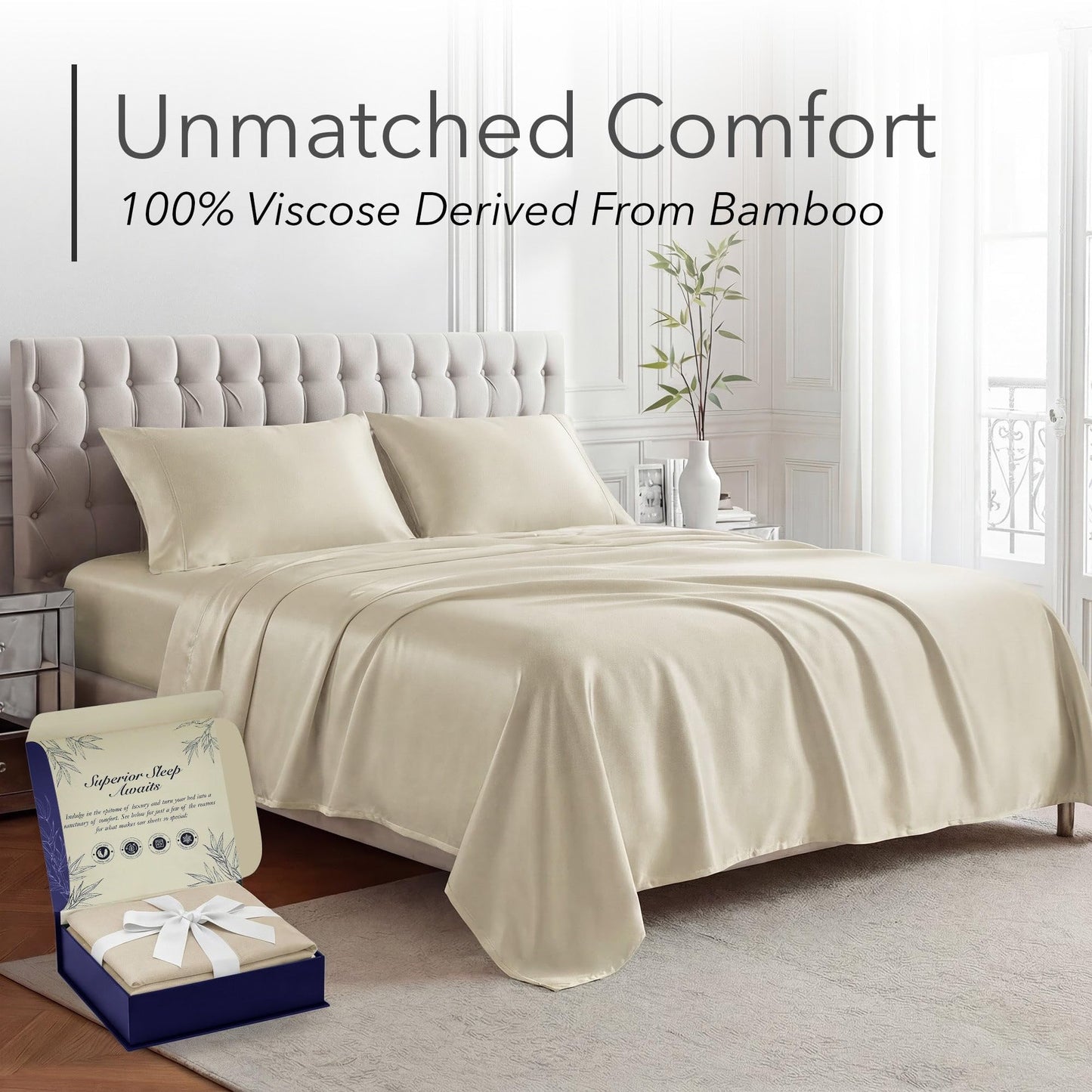 DECOLURE 100% Viscose Derived from Bamboo Sheets King Size - Luxury 4 Pc Naturally Cooling Sheets, Ultra Soft Bed Set - Deep 17" Pockets, Durable Double Stitching, Oeko Tex Standard (Creme)
