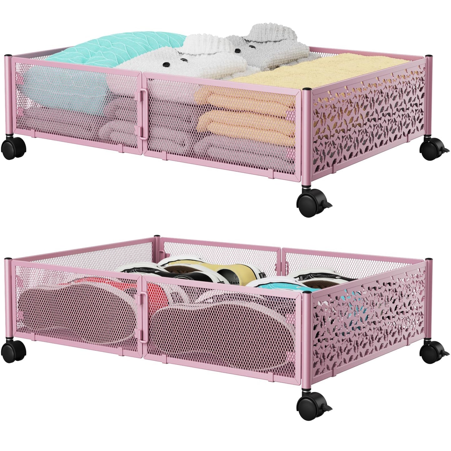 PHINOX Under the Bed Storage Containers with Wheels, Under Bed Storage, Under Bed Shoe Storage Organizer Drawer, Tool-free Assembly Metal Underbed Storage Containers -Pink