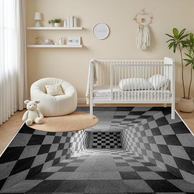 3D Rug 3x4, Plaid Soft Ultra Soft Faux Wool Low Pile Optical Illusion Rug, Indoor Floor Mats Abstract Geometric Carpet, Non-Slip Stain Resistant Washable Rugs, Modern Gray Rugs for Living Room
