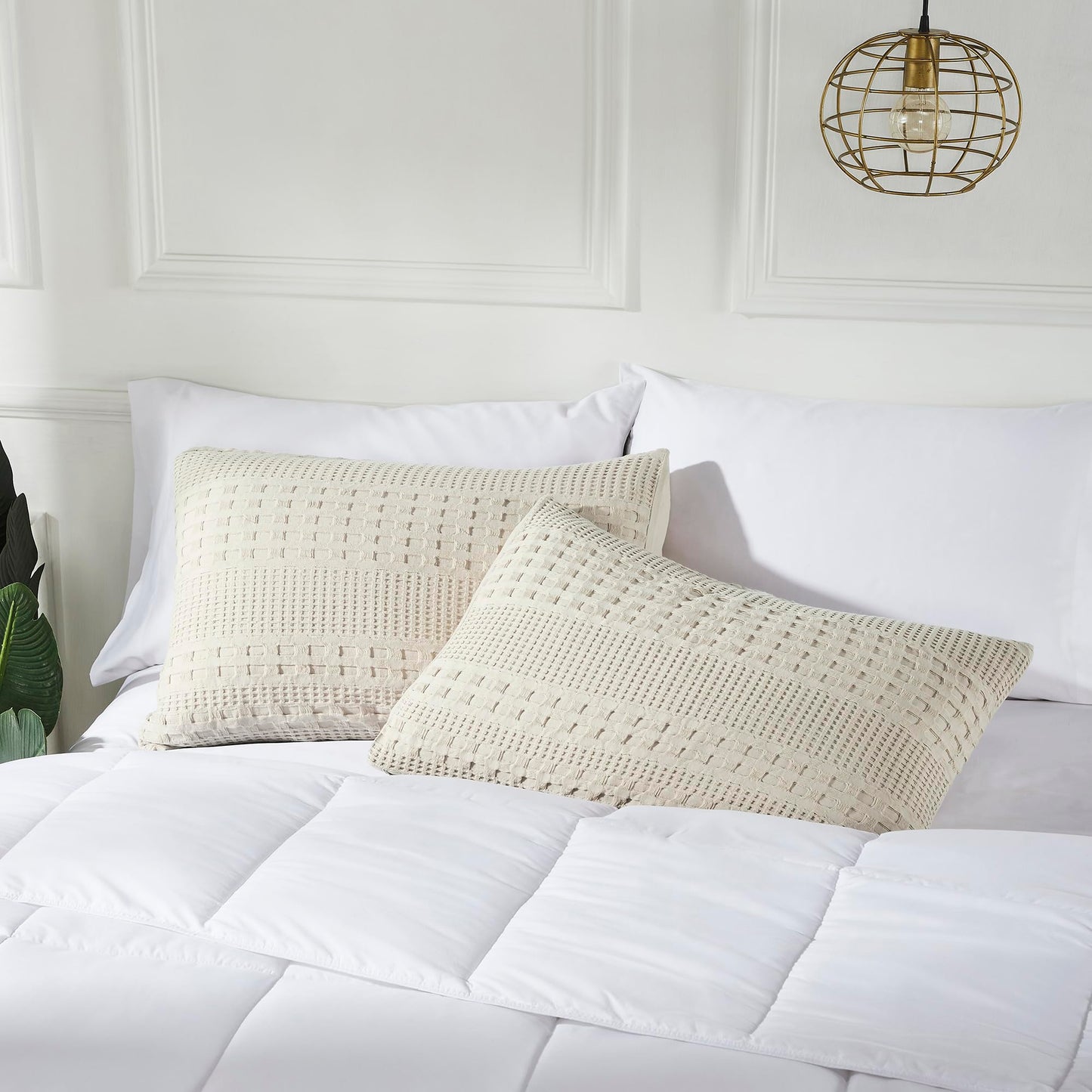 VHC Brands 100% Cotton Waffle Weave Natural King Size Sham Set of 2 20x36, Decorative Throw Pillow Covers/Shams, Boho Farmhouse Bedroom Decor