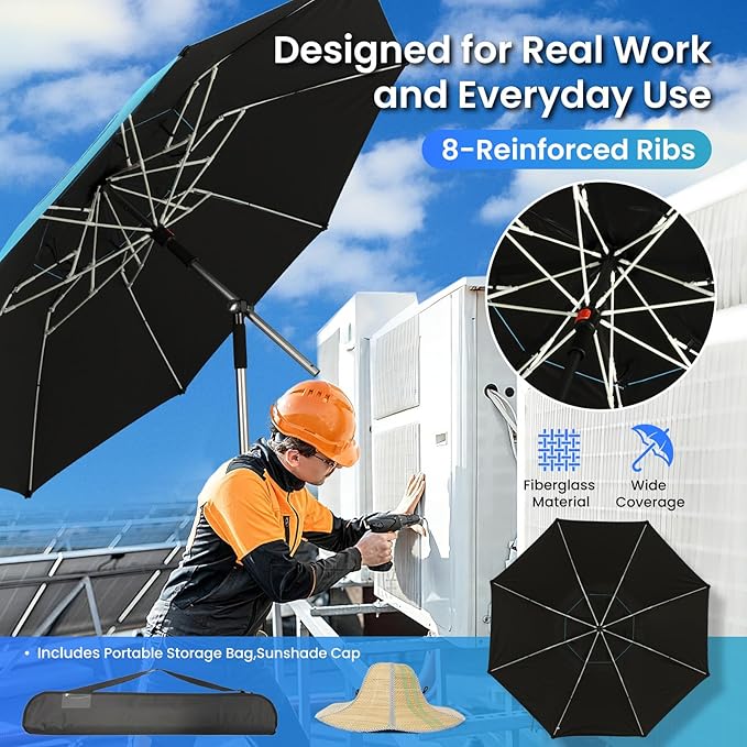 Hnemix 60” HVAC Umbrella with Magnetic Base Replacement with Vacuum Suction Base Portable and Adjustable 180° Shade Reinforced Portable Work Umbrella Kit for Outdoor Activities and HVAC Work